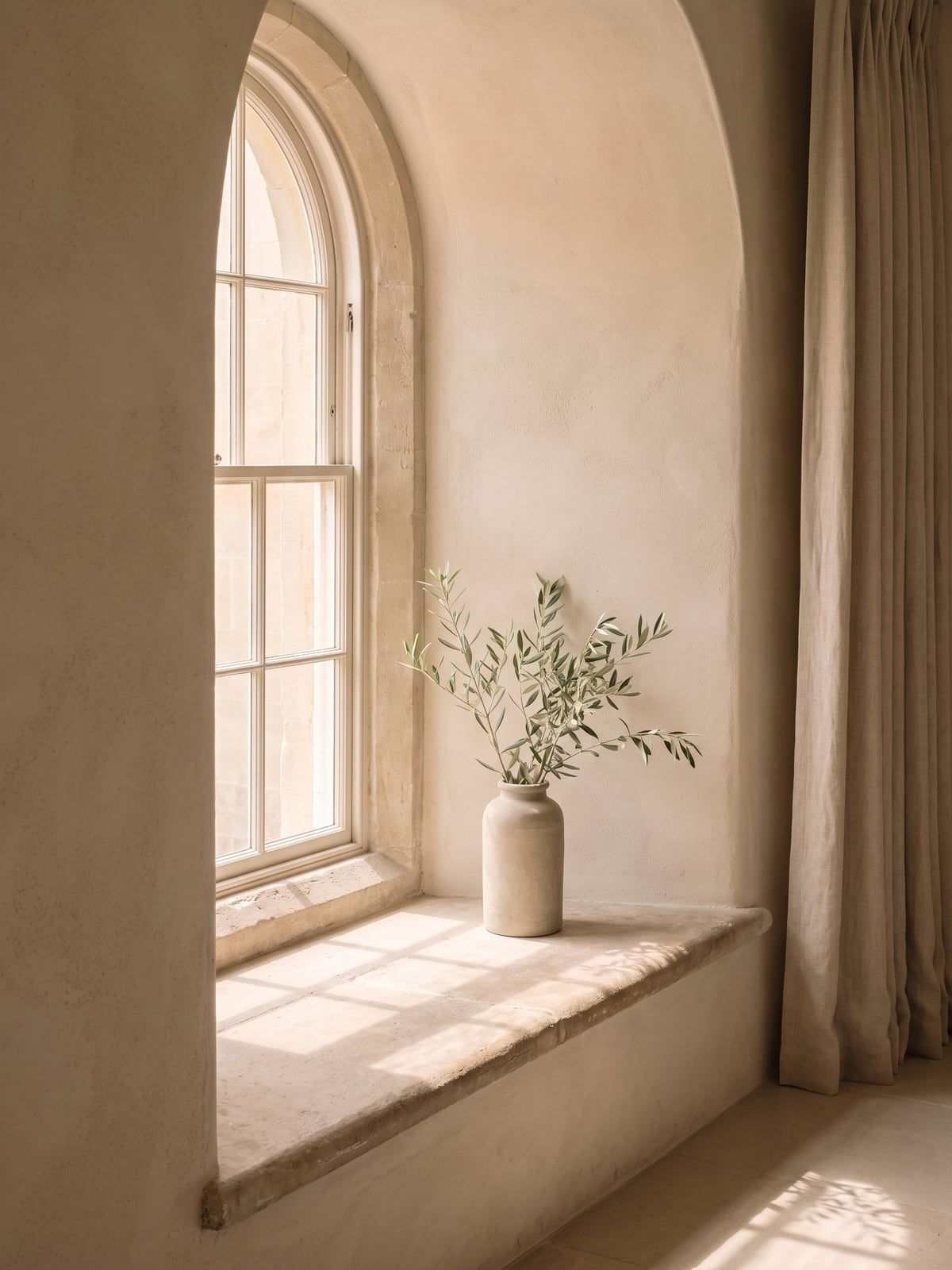 Daylight falling on a limestone window sill with an olive branch in a stone vase