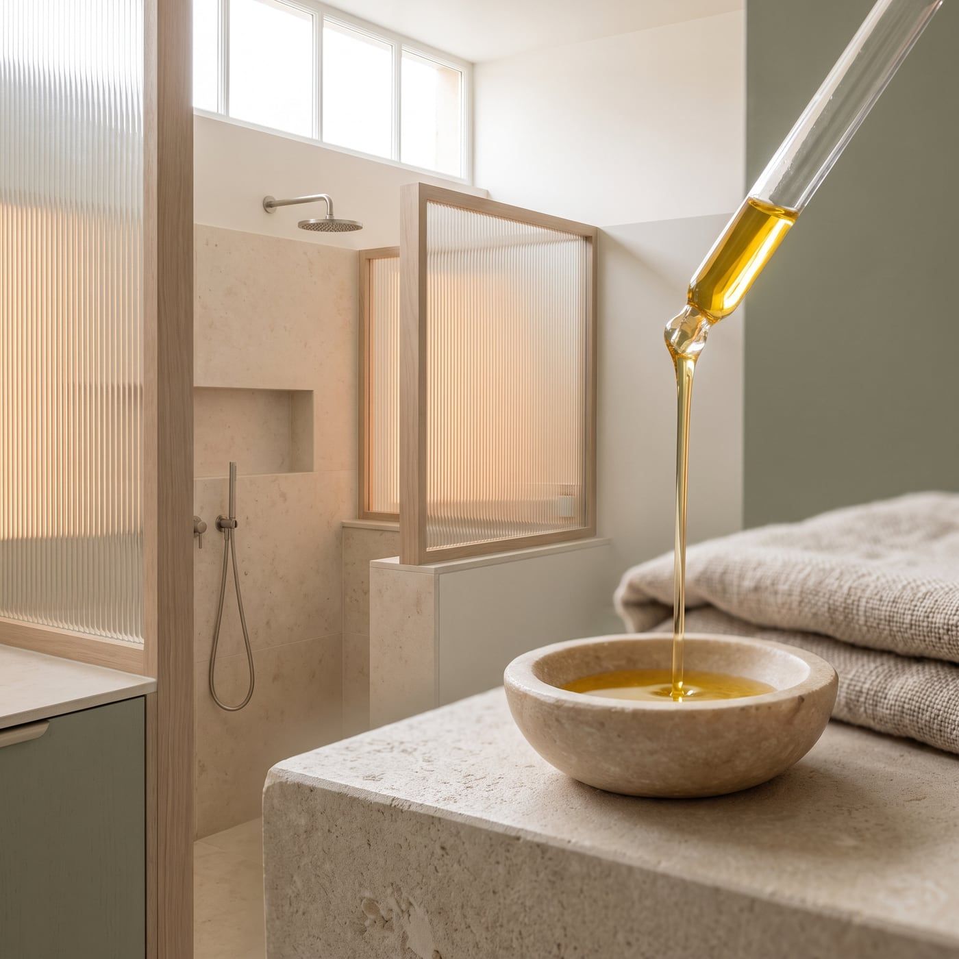 Body oil falling into a shallow stone bowl