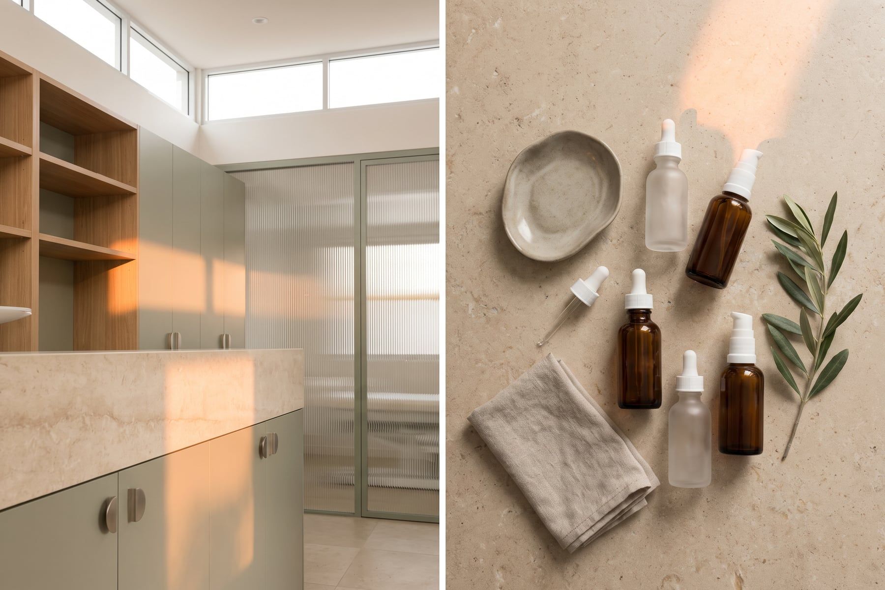 Unlabelled glass skincare bottles laid out on limestone with linen and olive