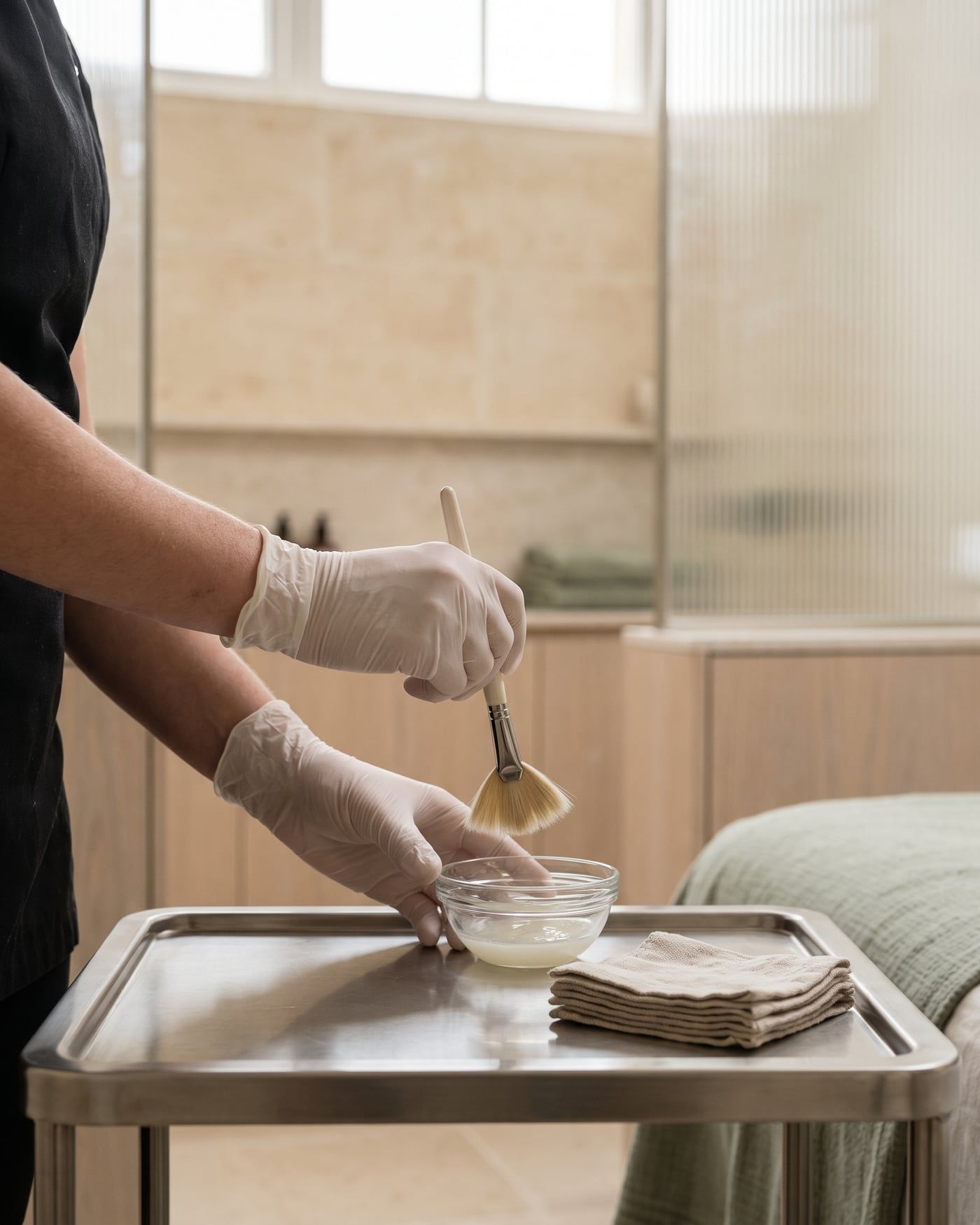 Gloved hands holding a fan brush over a small glass bowl of pale mask