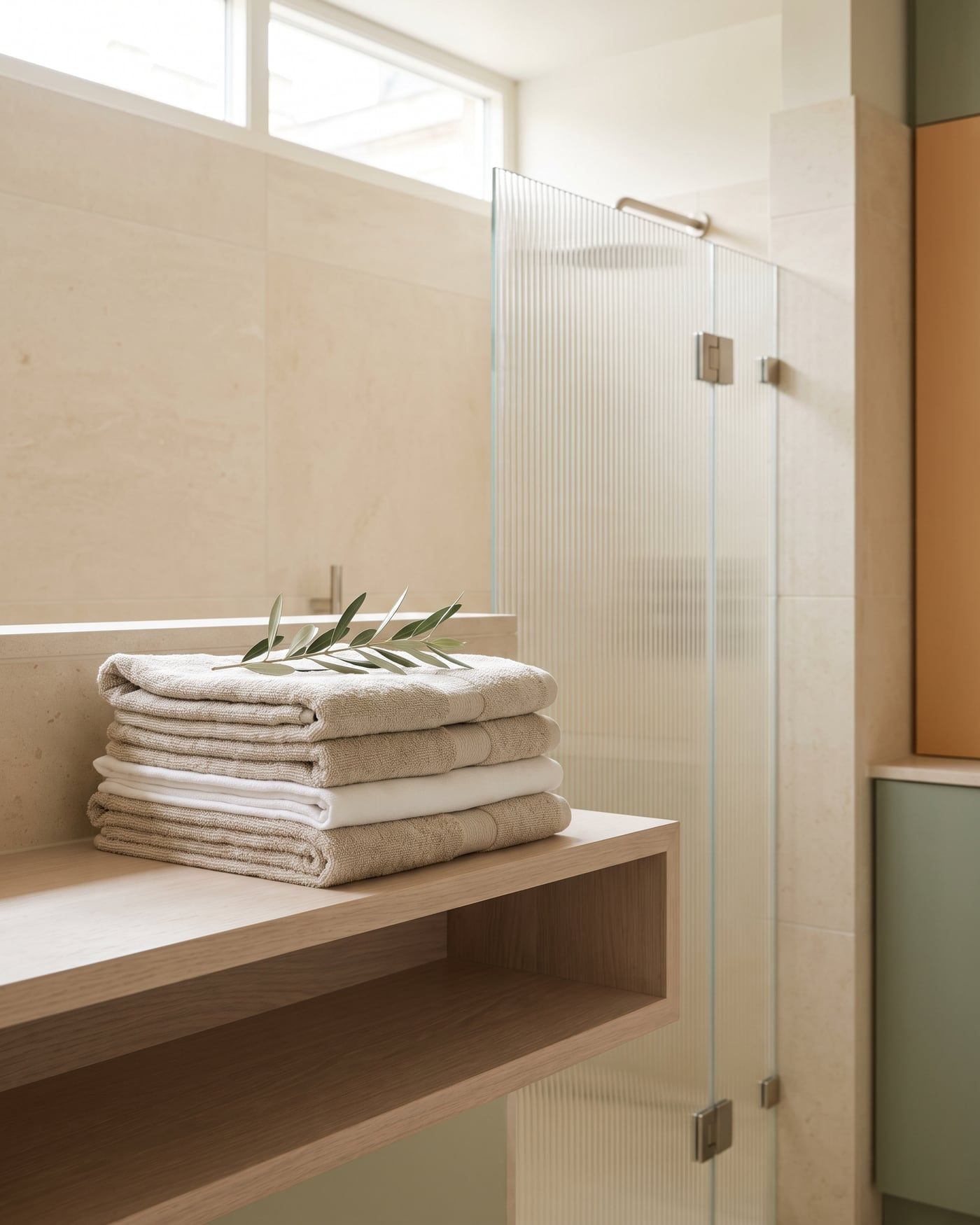 Folded linen towels on an oak shelf with a sprig of olive