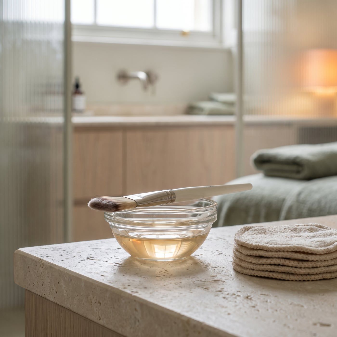 A small glass bowl of clear liquid with a flat brush resting across the rim