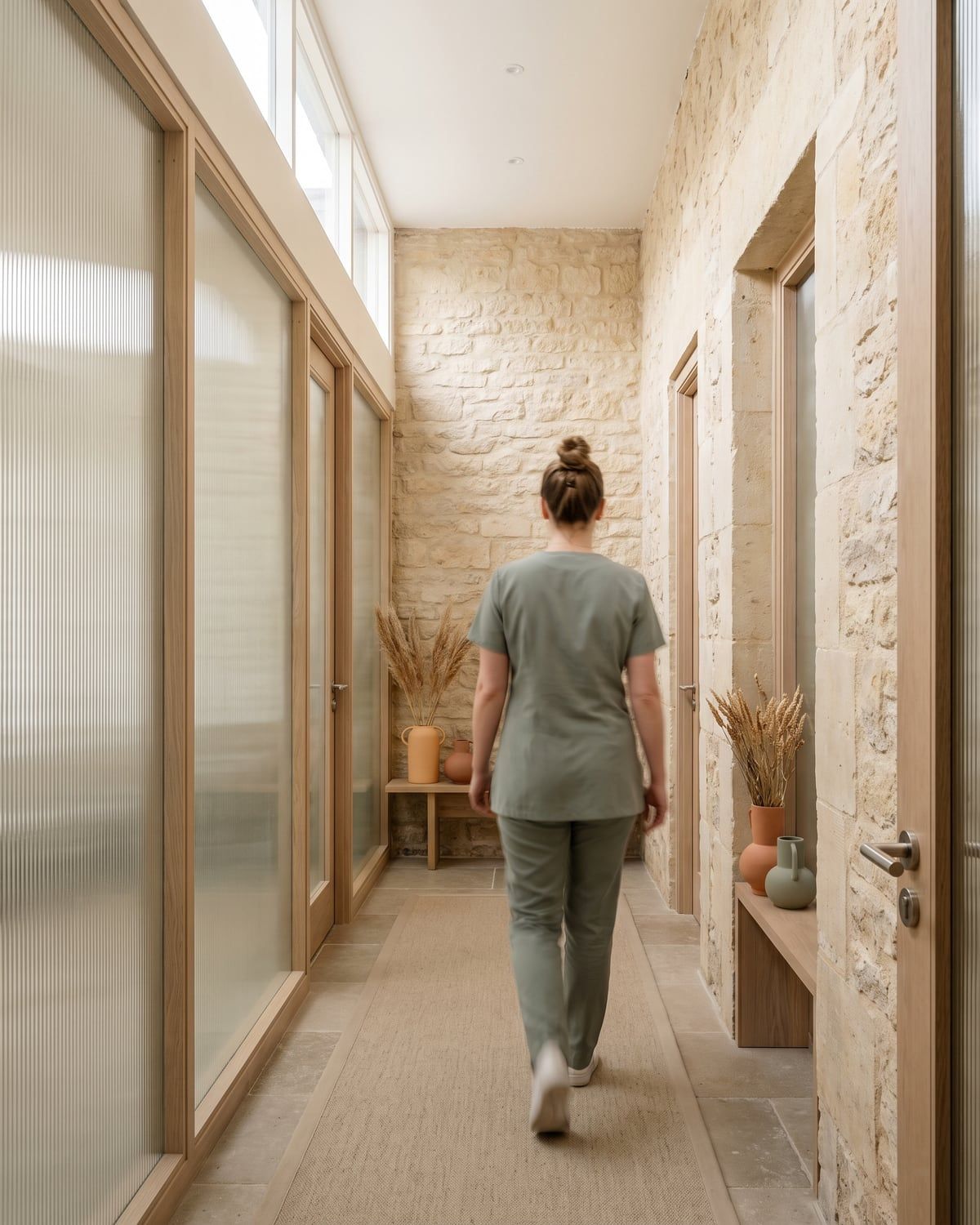 A practitioner in a sage tunic walking away down a reeded glass corridor