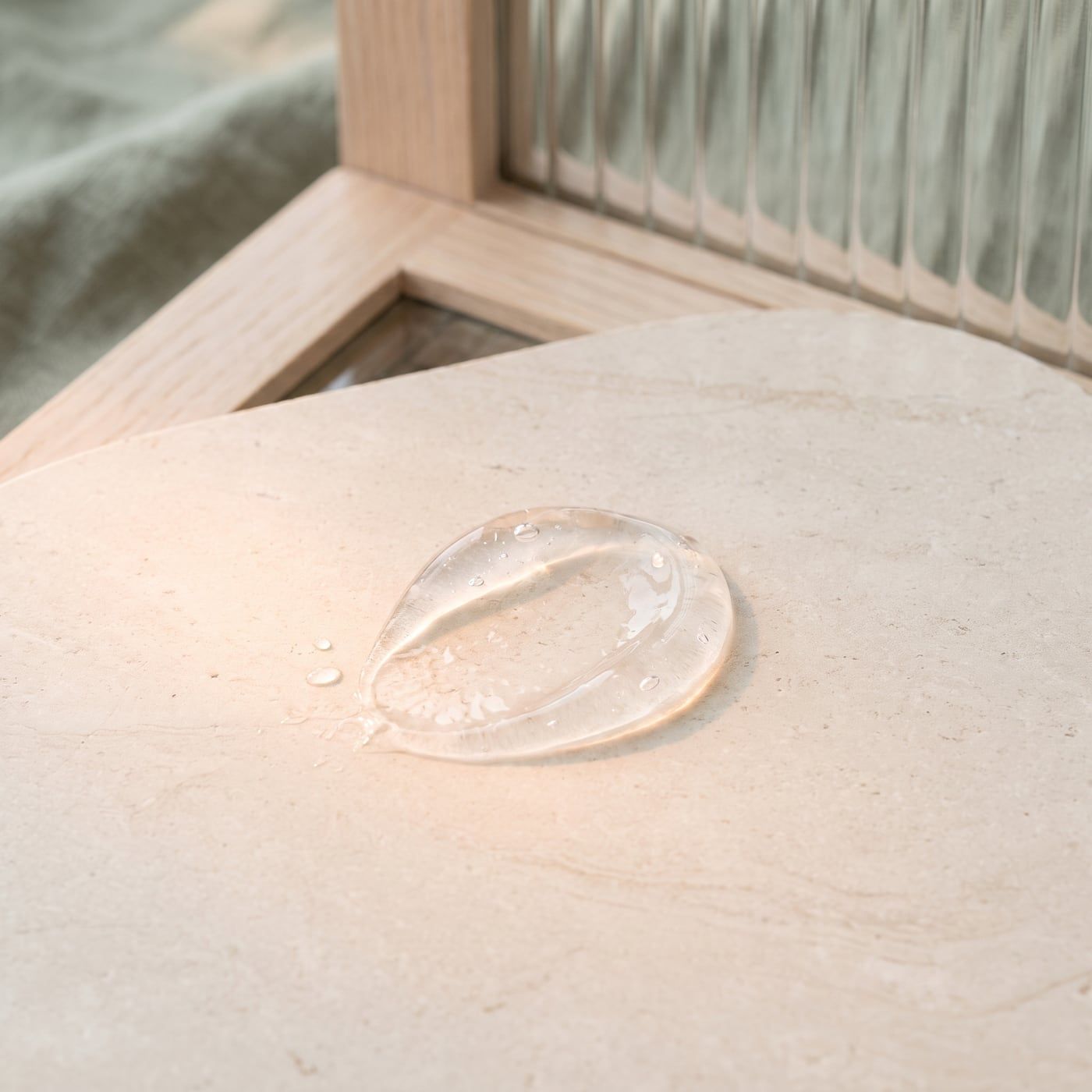 A clear gel swirl on pale limestone
